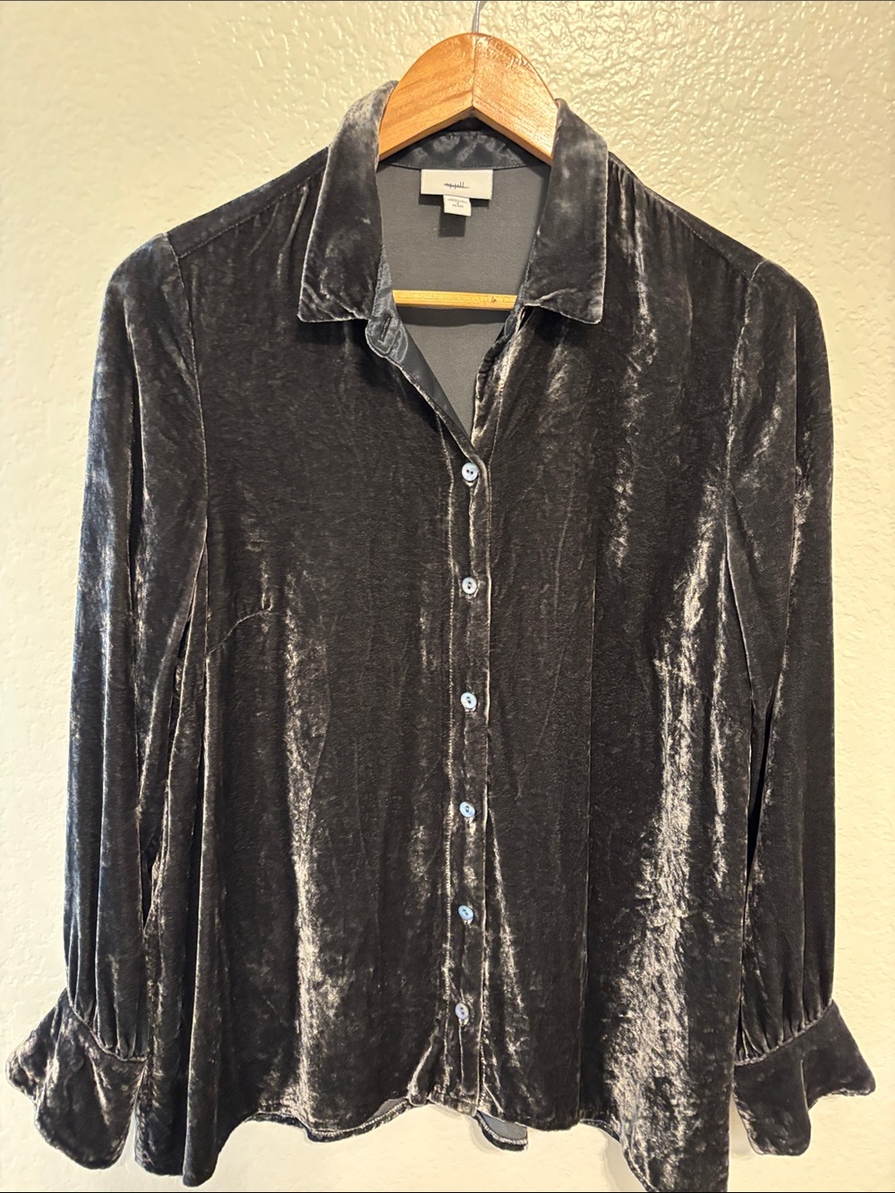 J Jill Womens Crushed Velvet Velour Button Down Top Size S Gray Long Sleeve Silk